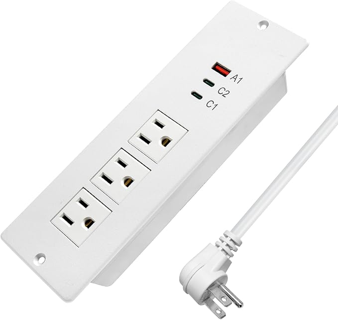 45W Recessed Power Strip USB C, Flush Mount Desk Extender 3 AC Outlets 2 PD USB-C&1 Fast Charge USB-A Ports,Flat Plug Extension Cord for Drawer Cabinet Countertop Table Conference White