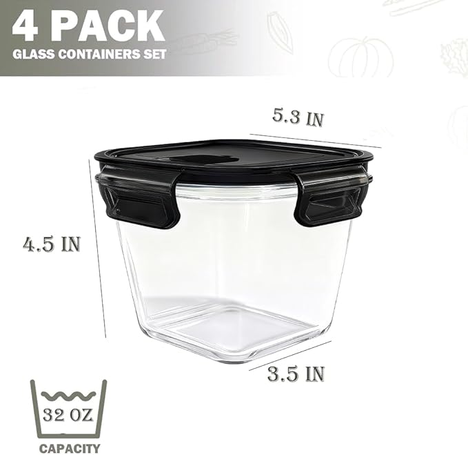 4 Cup Square Borosilicate Glass Food Storage Containers, 32oz Tall Glass Soup Containers with Lids, Large Square Meal Prep Bowl for Food, Salad, Lunch, Deli, Microwave, Freezer Saf (4Pack)