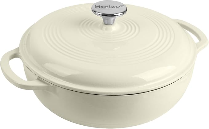 Enameled Cast Iron Dutch Oven Pot with Lid, 3 Quart Shallow Dutch Oven, Oven Safe up to 500° F, Suitable for Bread Baking, Braising, Roasting, Stews, White