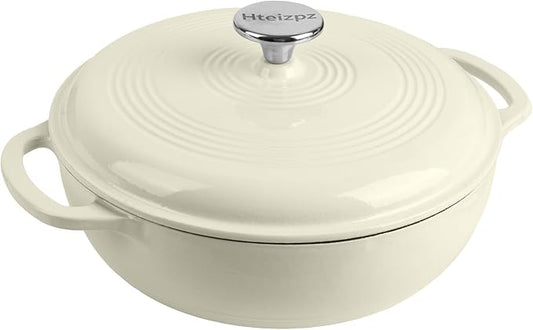 Enameled Cast Iron Dutch Oven Pot with Lid, 3 Quart Shallow Dutch Oven, Oven Safe up to 500° F, Suitable for Bread Baking, Braising, Roasting, Stews, White