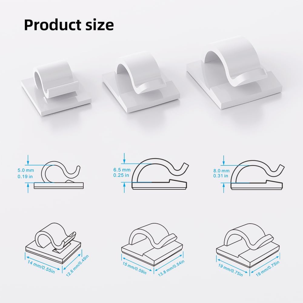 100 PCS White Adhesive Cable Clips Cord Organizer (Small, Medium,Large),Wire Holder for Cable Management, Outdoor Light Clips Light Hooks for LED String,Car Dash Cam, Extension Cord (White)