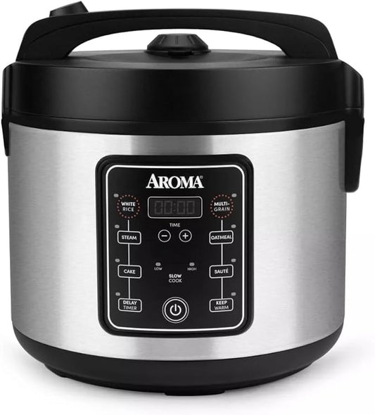 Aromas 20-Cup Digital Rice Cooker and Multi Cooker, Stainless Steel, Programmable Rice Cooker with Steamer, Slow Cook and Keep Warm Functions, 700W Kitchen Appliance
