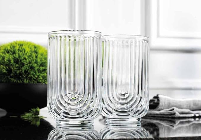 Glaver's Drinking Glasses Set of 4. 17oz Vintage Ripple Cocktail Glasses, Ribbed Highball Glass Cups. Arch Designed Art Deco Glassware for Water Juice Coffee.