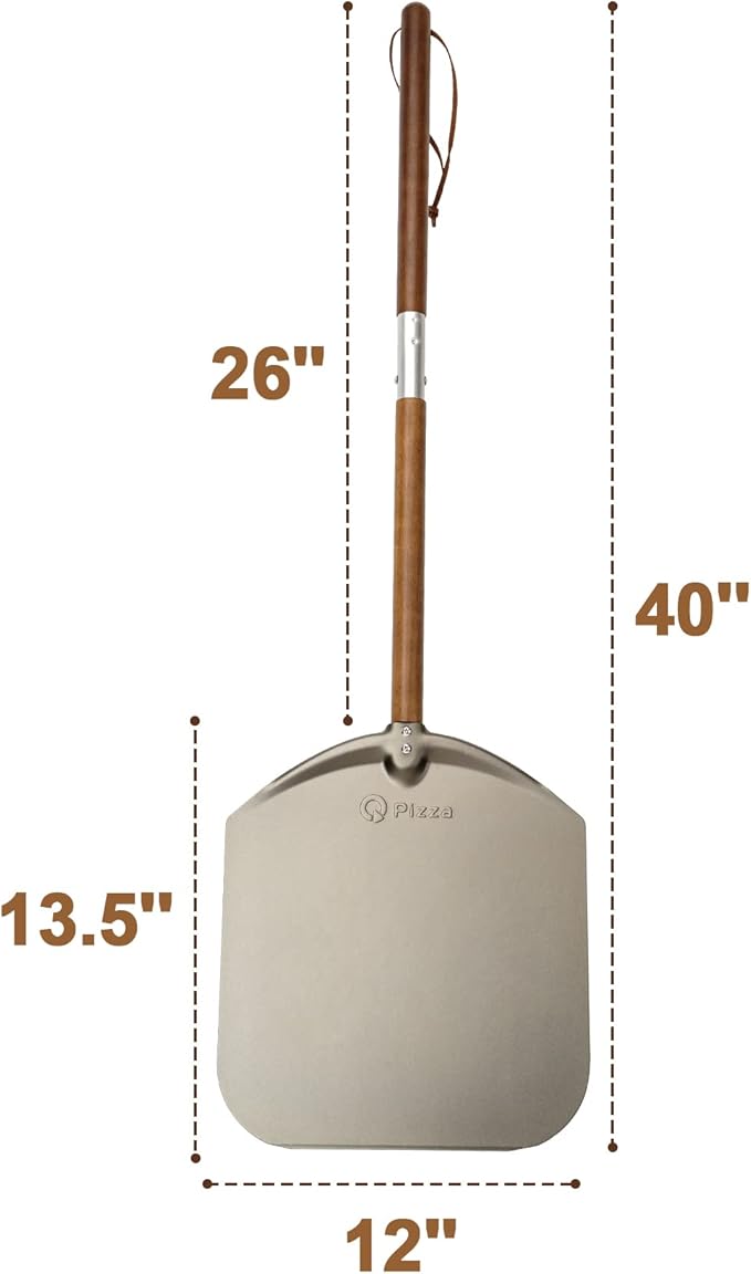 Q Pizza Aluminium 12" Pizza Peel with Long Handle, Pizza Spatula, Turning Paddle for Grill Oven, Kitchen Cooking Accessory for Baking Bread Pastry Dough Pie & Cake, PT202