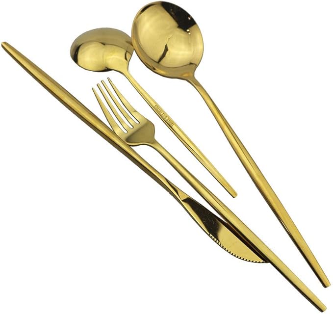 JASHII Stainless Steel Titanium Plated Golden Flatware Set 24 Piece, Golden Silverware Set for 6 (Shiny)