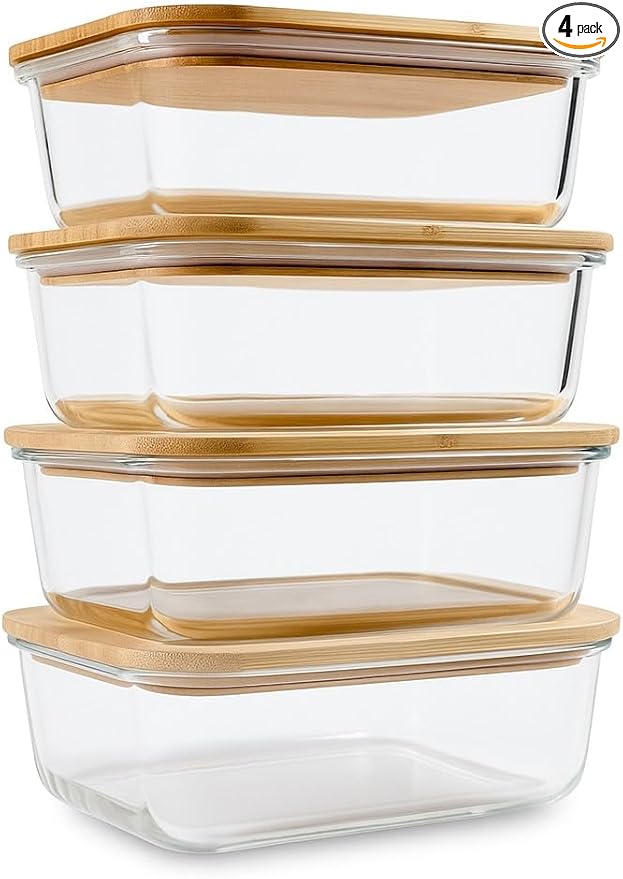 Glass Food Storage Containers with Bamboo Lids (4-Pack, 36oz) Airtight, Leakproof, BPA-Free Borosilicate Glass Meal Prep Containers – Eco-Friendly, Oven/Microwave/Freezer Safe-Plastic-Free & Reusable