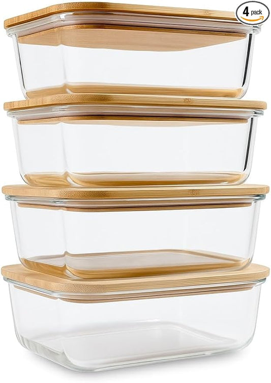 Glass Food Storage Containers with Bamboo Lids (4-Pack, 36oz) Airtight, Leakproof, BPA-Free Borosilicate Glass Meal Prep Containers – Eco-Friendly, Oven/Microwave/Freezer Safe-Plastic-Free & Reusable