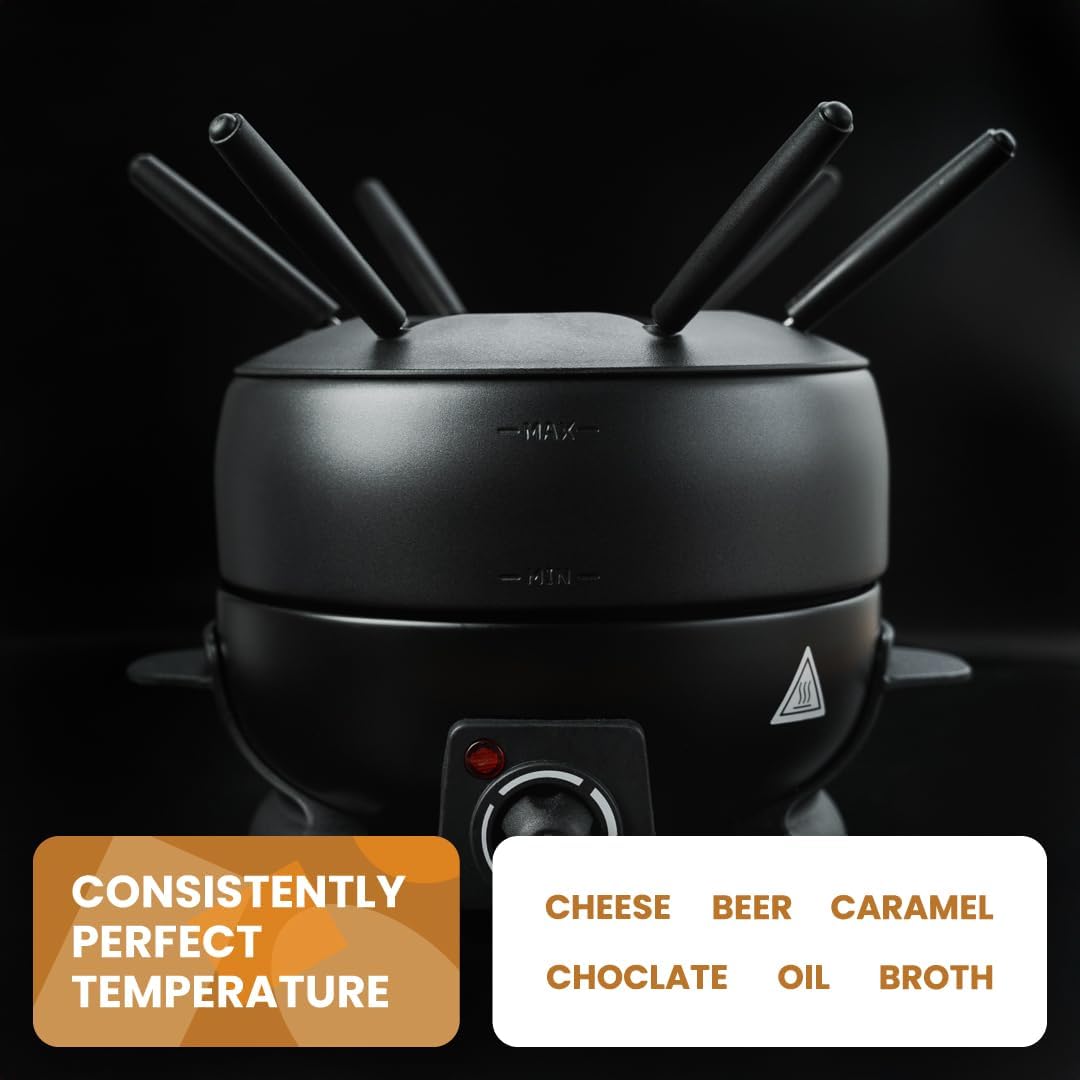 Electric Fondue Pot Set - 2-Liters Black Electric Pot with 6 Stainless Steel Fork - Temperature Control Ideal for Cheese, Caramel, Chocolate - Non-stick and Dishwasher Safe Fondue Pot Set by Stilaris