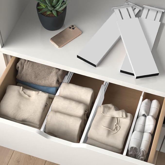 6 Pack Drawer Dividers 6 Inch High, 11”-17" Adjustable Bamboo Organizers Large Expandable Drawer Separators for Cloths, Dresser, Bedroom, Bathroom, Baby Drawer, Office & Kitchen Utensils (White)