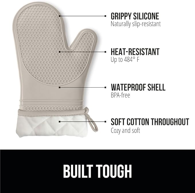 GORILLA GRIP BPA-Free Soft Silicone Oven Mitts, 14.5x8.3, Heat Resistant and Waterproof Cooking Gloves, Thick Cotton Lining, Flexible Gripping for Baking Grilling, Kitchen Potholders Set of 2, Almond