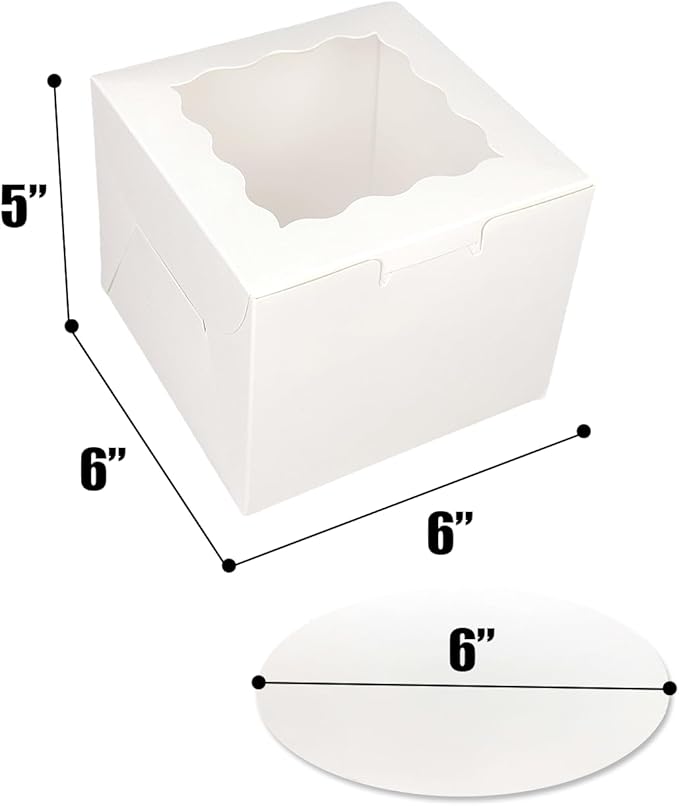 Bakepacker 36pcs 6x6x5 Inches with Window 18-Packs White 6 Inch Bakery Boxes (18 Cake Boxes +18 Cake Boards + 10 Meters Silk Ribbon Includes Included)
