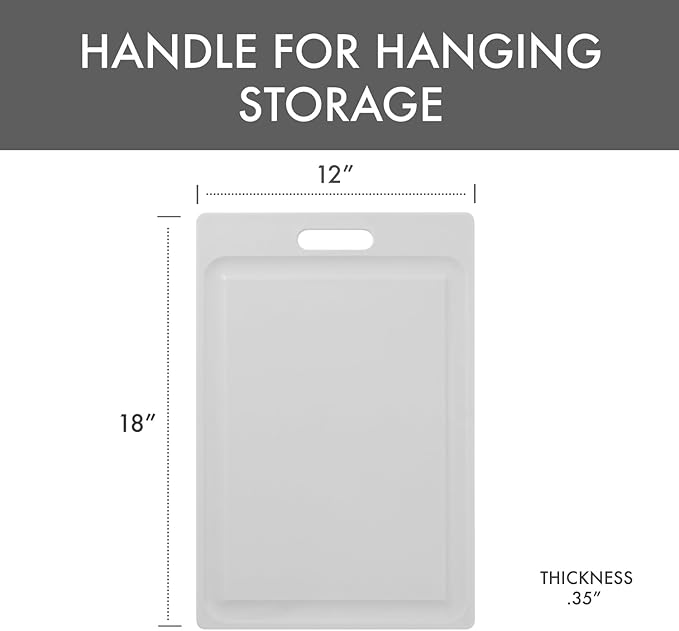 Dexas NSF Certified Polysafe Cutting Board, 12 x 18 Inches, Reversible Kitchen Cutting Board with Handle and Juice Well, White