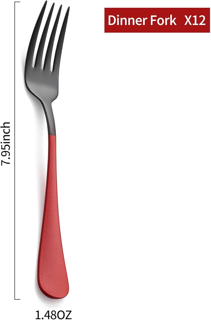 Black and Red Dinner Fork, 18/0 Red handle Stainless Steel Satin Finish 8.1-inch Silverware Flatware Fork Set, Set of 12, Dishwasher Safe