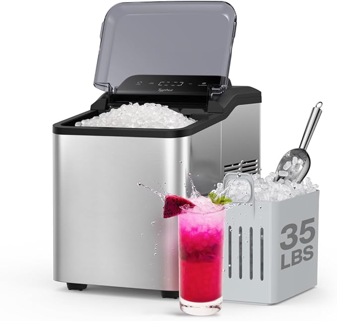 Typhur Fast Nugget Ice Maker Countertop with Self-Cleaning Pump, 35lbs/24H Crushed Pebble Ice Machine with Pellet Ice, 8 Packs Cleaner, Dual Ice Scoops for Home, Kitchen, Party, RV, Stainless Steel