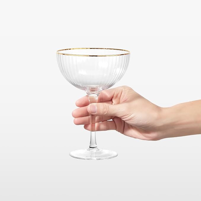 Premium Cheerfull Fluted Coupe Glasses, 10.7 oz Vintage Gold Rim, Hand-Blown Fine Glass – Elegant Barware for Cocktails, Parties & Home Entertaining (4)
