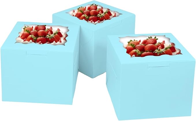 Bakepacker 36pcs 6x6x5 Inches Cake Boxes with Window, 18-Pack Light Blue, 6 Inch Bakery Boxes (18 Cake Boxes + 18 Cake Boards Included)