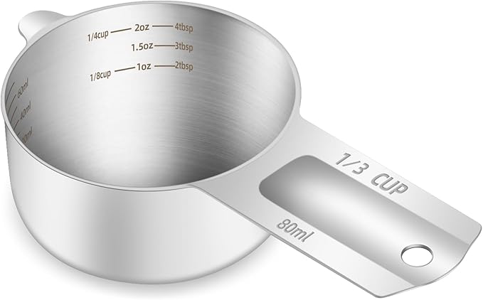1PCS 1/3Cup (80ml, 2.6oz) Single Measuring Cup, Etched Inner Scale Stainless Steel Measure Scoop, Metric and US Measurement, Dishwasher Safe
