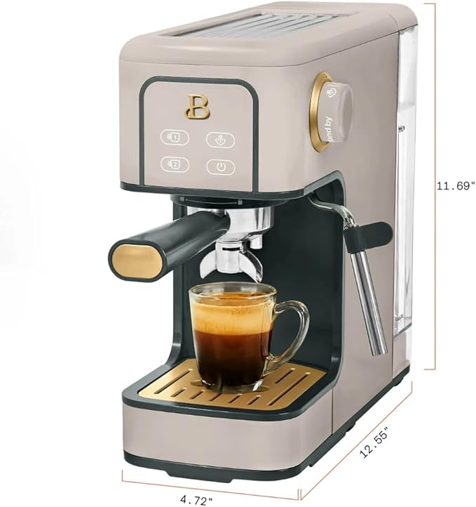 Beautiful Slim Espresso Maker by Drew Barrymore – 20‑Bar Pressure, Dual‑Spout 52 mm Portafilter, 50 oz Removable Tank, 2‑in‑1 Steam Wand & Touch Controls (Porcini Taupe)