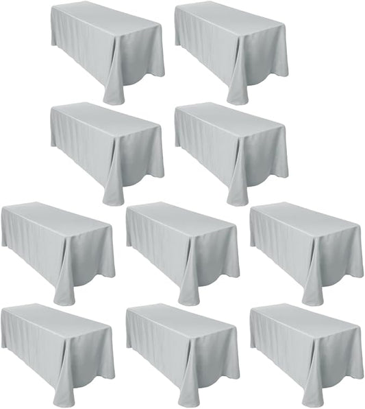 LTC LINENS Bulk 10-Pack Rectangular Tablecloths 90 in x 156 in with Rounded Corners -Grey/Silver Table Covers for 8 ft Tables with Floor-Length Drop - Polyester Fabric Cloth for Wedding, Party