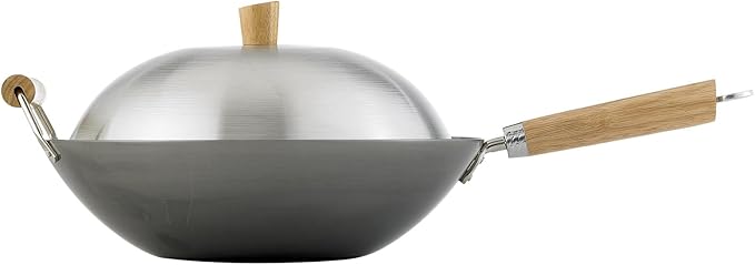Helen's Asian Kitchen Wok Set - Wok Pan with Lid, 13.5 Inch Carbon Steel Wok - Nonstick Flat Bottom Wok for Stir Fry - Includes 4pc Accessories - Perfect for Gas, Electric, Induction Stovetops