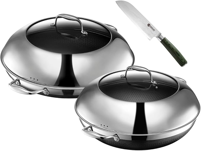 HexClad Hybrid Nonstick 5-Piece Cookware Set, 14" Pan with Lid, 14" Wok with Lid, and 7" Santoku Knife, Stay-Cool Handles, Dishwasher and Oven-Safe, Induction Ready, Compatible with All Cooktops