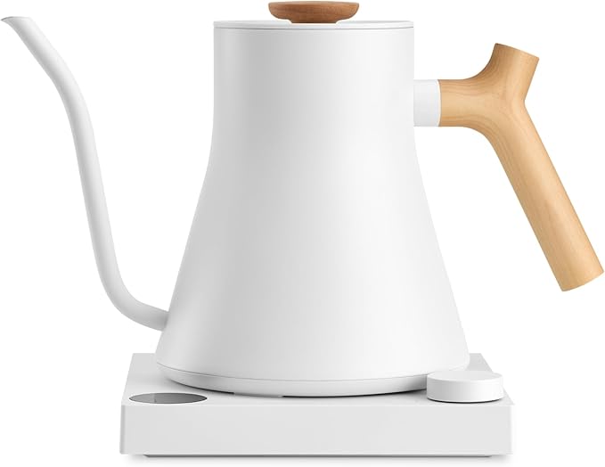 Fellow Stagg EKG Pro Electric Gooseneck Kettle - Pour-Over Coffee and Tea, Quick Heating, Precise Temperature Control, Scheduling, Built-in Brew Timer, Matte White with Maple Wood Handle, 0.9 Liter