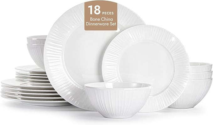 KINGSTONE Bone China Dinnerware Set, 18-Piece White Lightweight Porcelain with Textured Design Service for 6, Plates, Bowls, for Family Dining, Restaurants, Gifting，Microwave and Dishwasher Safe