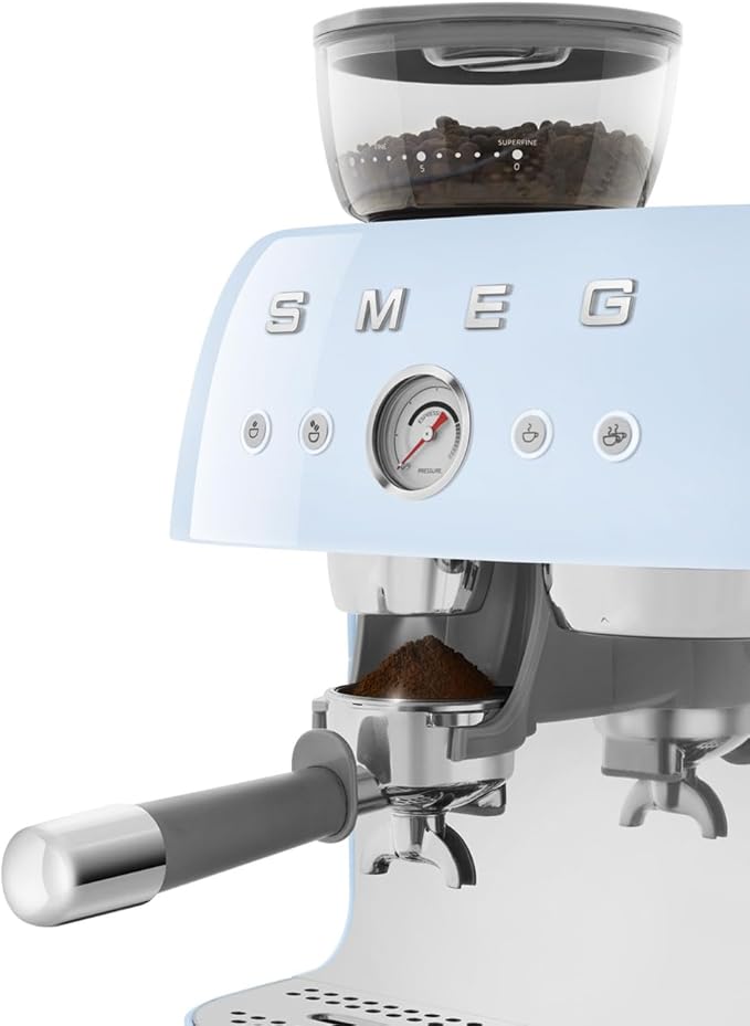 Smeg EGF03 Semi-Automatic Espresso Machine with Built-In Grinder, Dual Thermoblock, 50’s Retro Style – Pastel Blue (120 V)