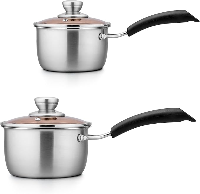 TeamFar 1qt & 2qt Saucepan with Lid, Stainless Steel Small Cooking Pot, Milk Sauce Pan with Long Handle for Home Kitchen, Non-Toxic & Heavy-Duty, Multi-use & Dishwasher Safe