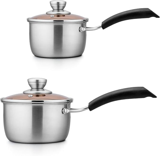 TeamFar 1qt & 2qt Saucepan with Lid, Stainless Steel Small Cooking Pot, Milk Sauce Pan with Long Handle for Home Kitchen, Non-Toxic & Heavy-Duty, Multi-use & Dishwasher Safe