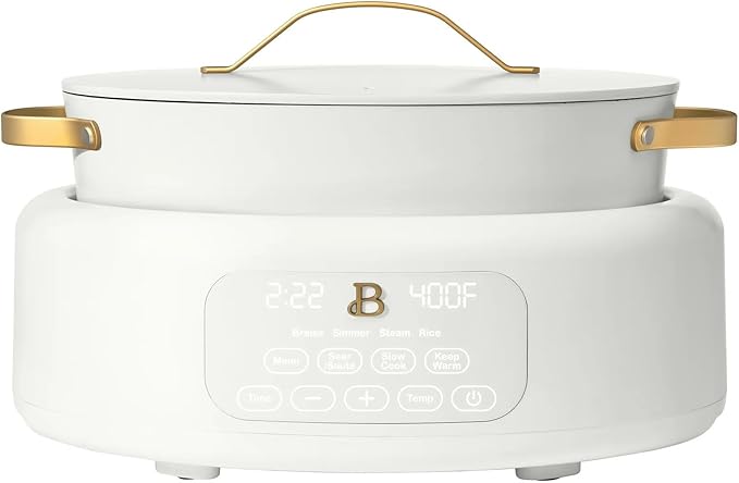 Beautiful 10-in-1 Electric Multi-Cooker by Drew Barrymore, 6-quart, digital display, 10 cooking functions, non-stick pot, easy one-touch control (White Icing)