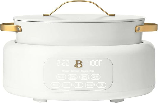 Beautiful 10-in-1 Electric Multi-Cooker by Drew Barrymore, 6-quart, digital display, 10 cooking functions, non-stick pot, easy one-touch control (White Icing)