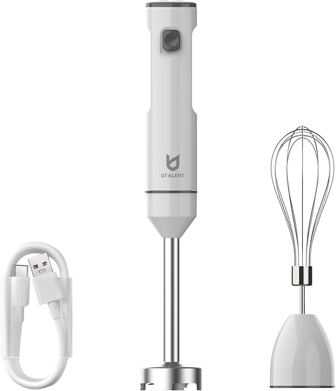 Cordless Hand Blender, UTALENT Variable Speed Immersion Blender handheld Rechargeable, with USB-C Charging Cable, Egg Whisk, for Smoothies, Milkshakes, Hummus and Soups – White