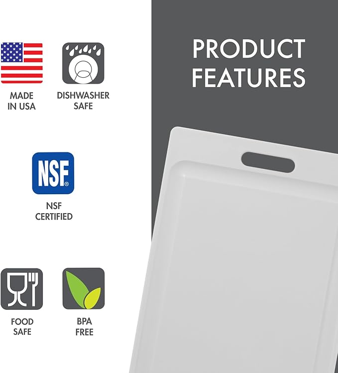 Dexas NSF Certified Polysafe Cutting Board, 12 x 18 Inches, Reversible Kitchen Cutting Board with Handle and Juice Well, White