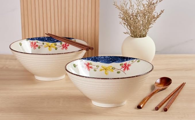 2 x 40 OZ ceramic ramen bowls, 8 IN large Japanese noodle soup bowl, match chopsticks and spoons, suitable for Pho, Udon Asian noodles (Colorful flowers 2 set)
