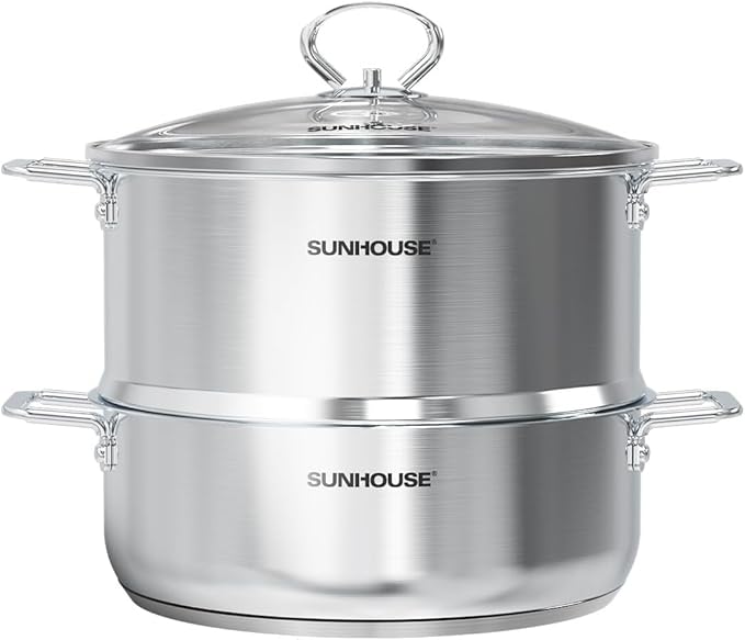 SUNHOUSE 2-Tier Stainless Steel Steamer Pot with Lid - Larger 5.5 QT Steamer & 3.8 QT Stockpot Base - Induction Ready, Compatible with All Cooktops - Multipurpose for Vegetables & Dumplings
