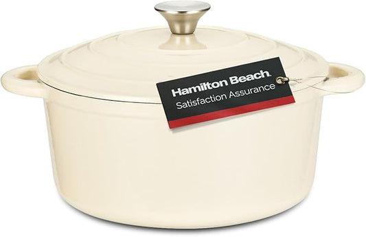 Hamilton Beach 5.5-Quart Enameled Cast Iron Dutch Oven Pot with Lid, Cream