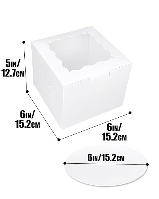 qiqee White 6x6x5 Cake Box, 4 Sets White Cake Box with Window ＆ 4 Sets 6" White Cake Round Boards, 6inch Cake Containers