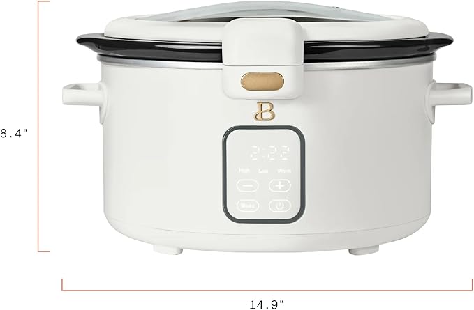 Beautiful 4-Qt Programmable Slow Cooker with Hinged Locking Lid & Touch Display – 3 Heat / 4 Timer Settings (White Icing)