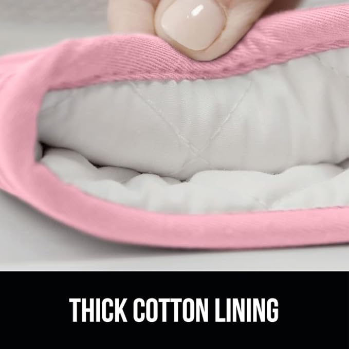 GORILLA GRIP BPA-Free Soft Silicone Oven Mitts and Pot Holders Sets of 4, Heat Resistant Waterproof Cooking Gloves, Thick Cotton Lining, Flexible Gripping for Baking Grilling, Kitchen Trivets, Pink