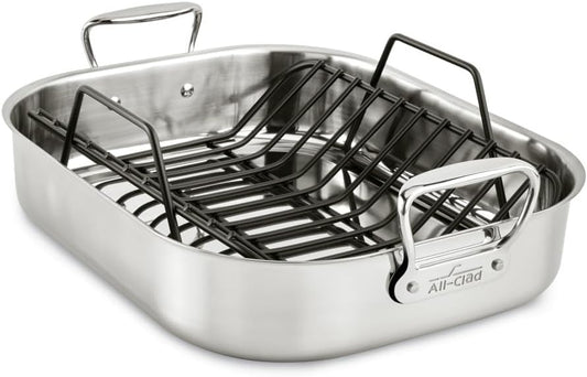 All-Clad Specialty Stainless Steel Roaster and Nonstick Rack 16x13x5 Inch Oven Broiler Safe 600F Roaster Pan, Pots and Pans, Bakeware, Turkey, Silver