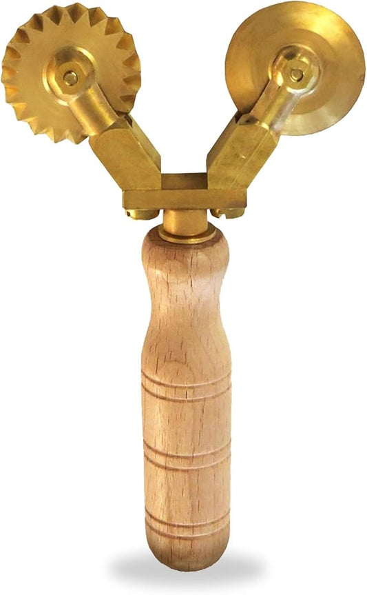 La Gondola Homemade Pasta Cutter - Double Wheel (Festooned & Smooth) | Pasta Making Tool for Home and Business | Brass & Natural Wood | Easy to Use Pasta Cutting Tool | Ravioli Cutter Made in Italy