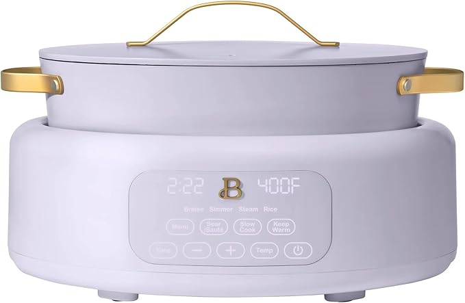 Beautiful 10-in-1 Electric Multi-Cooker by Drew Barrymore, 6-quart, digital display, 10 cooking functions, non-stick pot, easy one-touch control (Lavender)