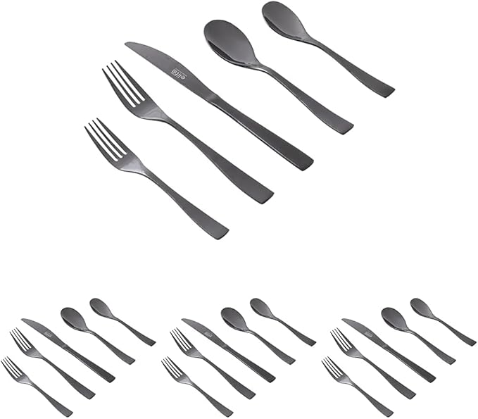 Gibson Elite Holland Road 20-Piece Flatware Silverware Set - Stainless Steel Utensils - Forks, Spoons, Knives -Service for 4 - Black (Pack of 4)