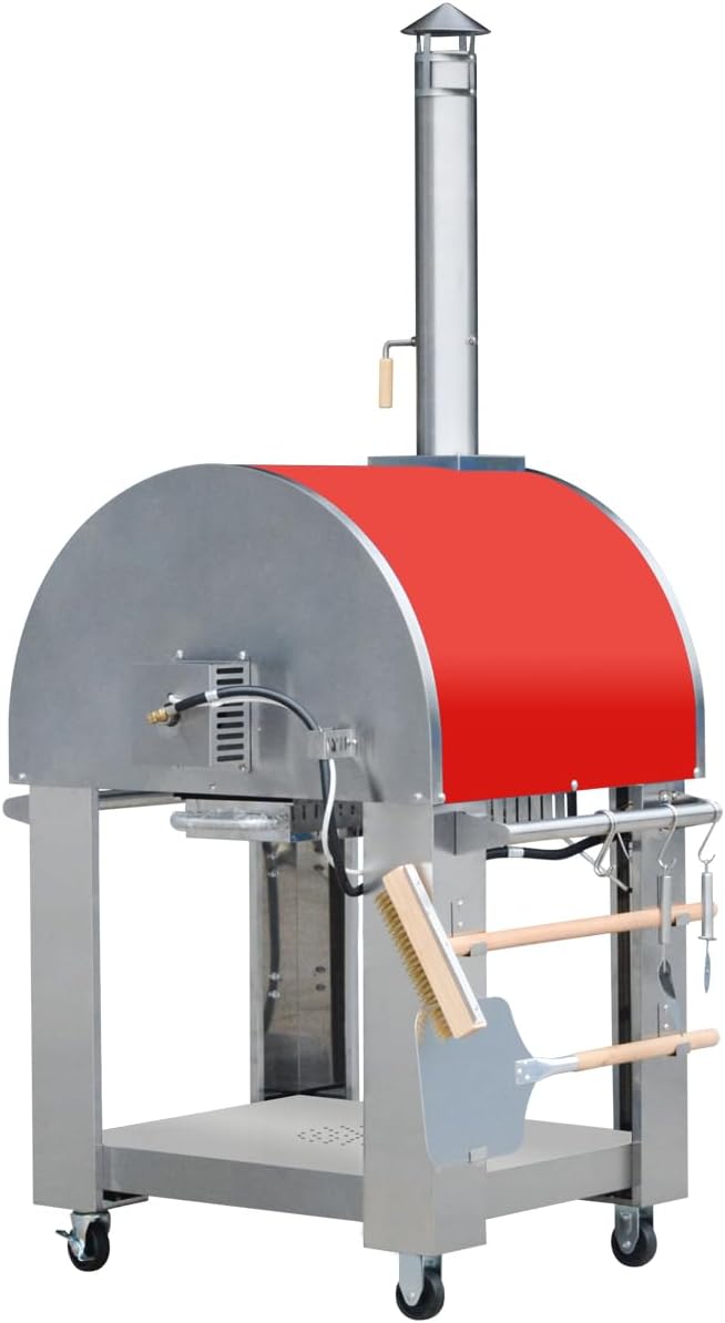 32.5 inch Wood Fired and Propane Gas Pizza Oven for Outdoor Kitchen in Stainless Steel, Large Pizza Oven for Outside, Yard and Party (Red with Cover)
