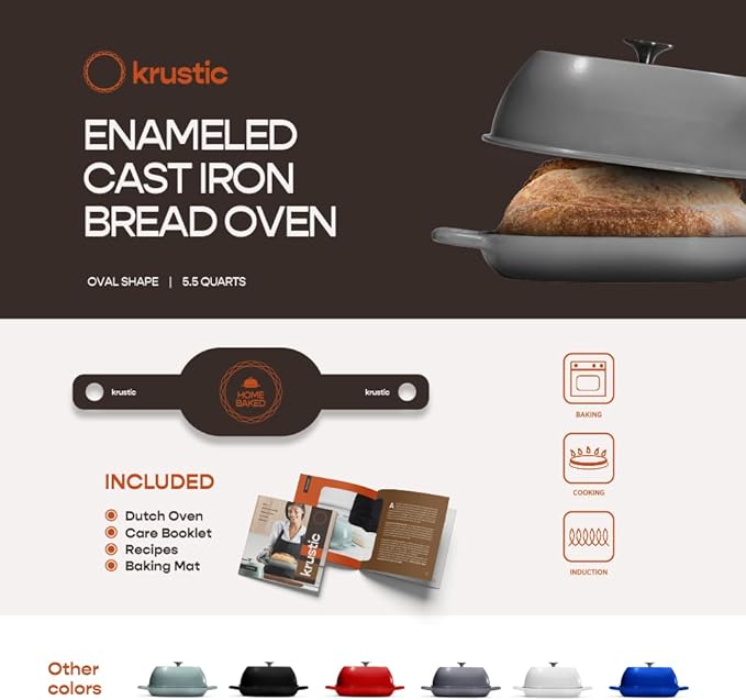 Enameled Cast Iron Dutch Oven for Professional Sourdough Bread Baking | 5.5 Quart Loaf Size Oval Cookware Pot with Lid | Triple-Layer Enamel Coating Pan with Non Stick Silicone Mat | Gray