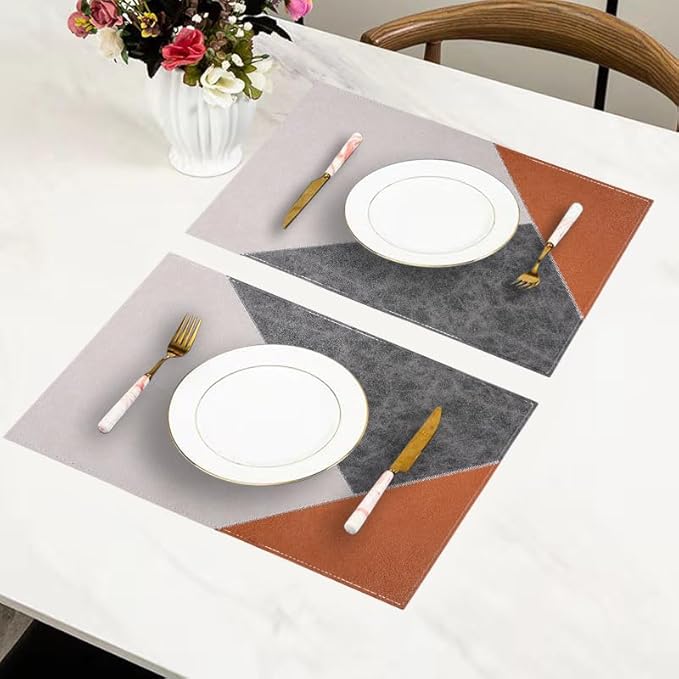 PU Placemats Set of 6 Wipeable,Geometric Pattern Faux Leather Placemat for Dining Table,Reversible Waterproof Heat Resistant Washable Anti Slip Table Mats,Modern Table Protectors