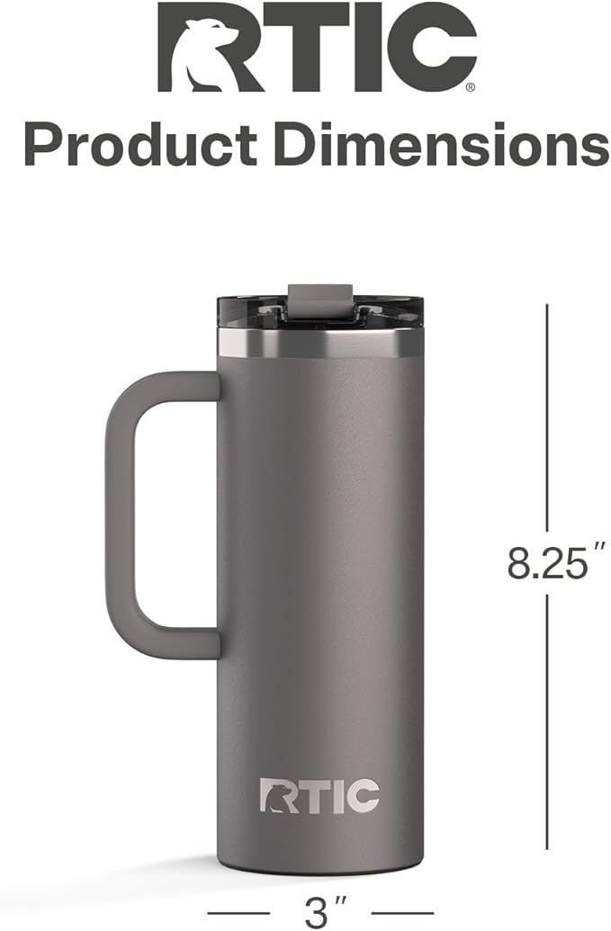 RTIC 20oz Road Trip Travel Mug with Lid and Handle, Ceramic Lined, Insulated, Stainless Steel, Metal, Double Wall Vacuum-Insulation, Portable Coffee, Tea Cup for Hot and Cold Drink, Graphite