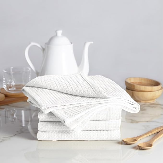 Encasa XO Kitchen Dish Towels Set | White | Waffle Weave and Flat Hand Tea Towel | 28"x18" | Quick Drying Reusable Cotton Washcloths | Multipurpose Lightweight Dishcloths Set of 4