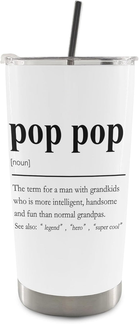 QASHWEY Pop Pop Gifts Coffee Tumbler - Pops Grandpa Gifts from Grandkids Travel Tumbler Coffee Mug, Gift for PopPop Fathers Day, PopPop Definition Stainless Steel Tumblers with Straw and Lid 20 oz